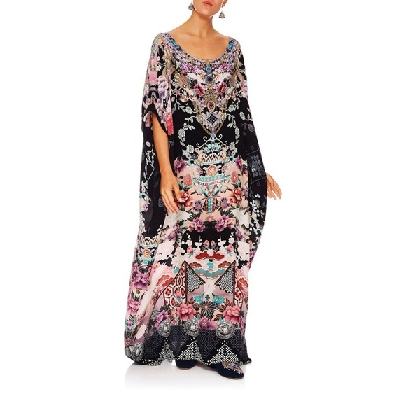 Camilla Maxi Kaftan Muumuu Nights With Her Black Silk Asian Kimono Resort OS - Picture 15 of 15